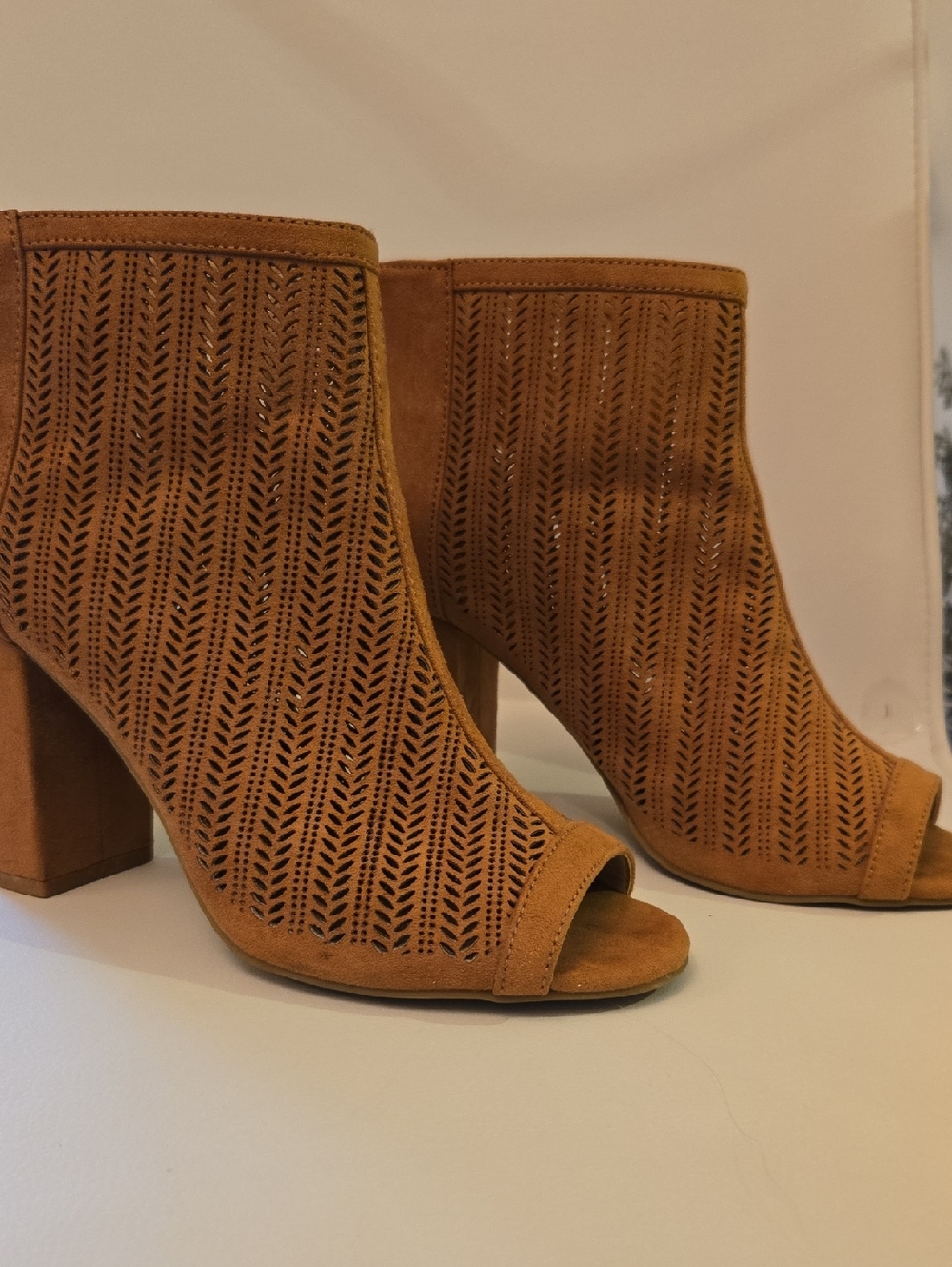 Joe Fresh Tan Suede Peep-Toe Laser-Cut Block Heel Booties